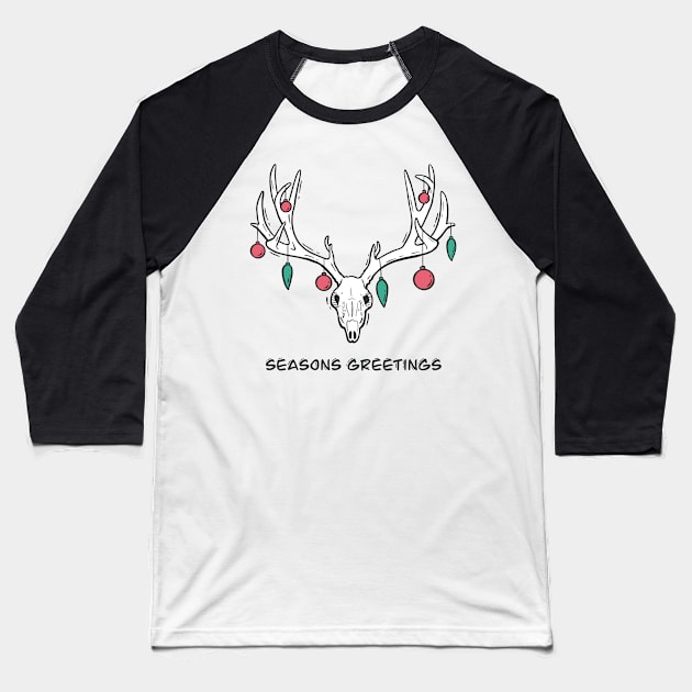 Festive Reindeer Skull - Seasons Greetings Baseball T-Shirt by JBeasleyDesigns